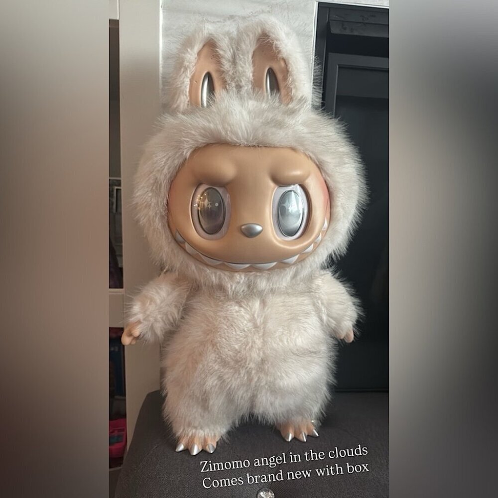 Zimomo angel in the clouds popmart Labubu Furry White Plush Doll silver